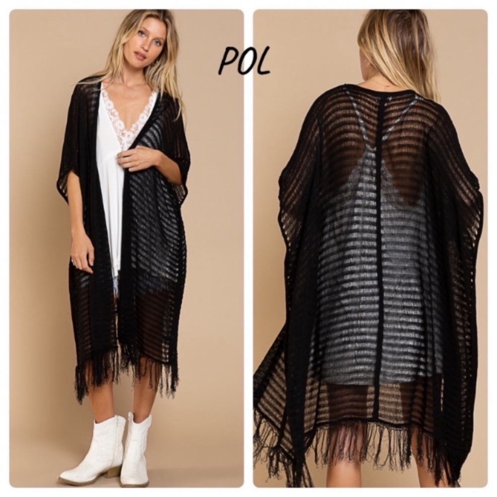 New POL Black Loose Rib Knit Cardigan/Kimono With Fringe Hem - Picture 2 of 11